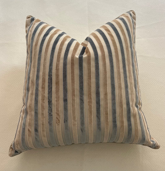 22" Tan and Blue Striped Throw Pillow