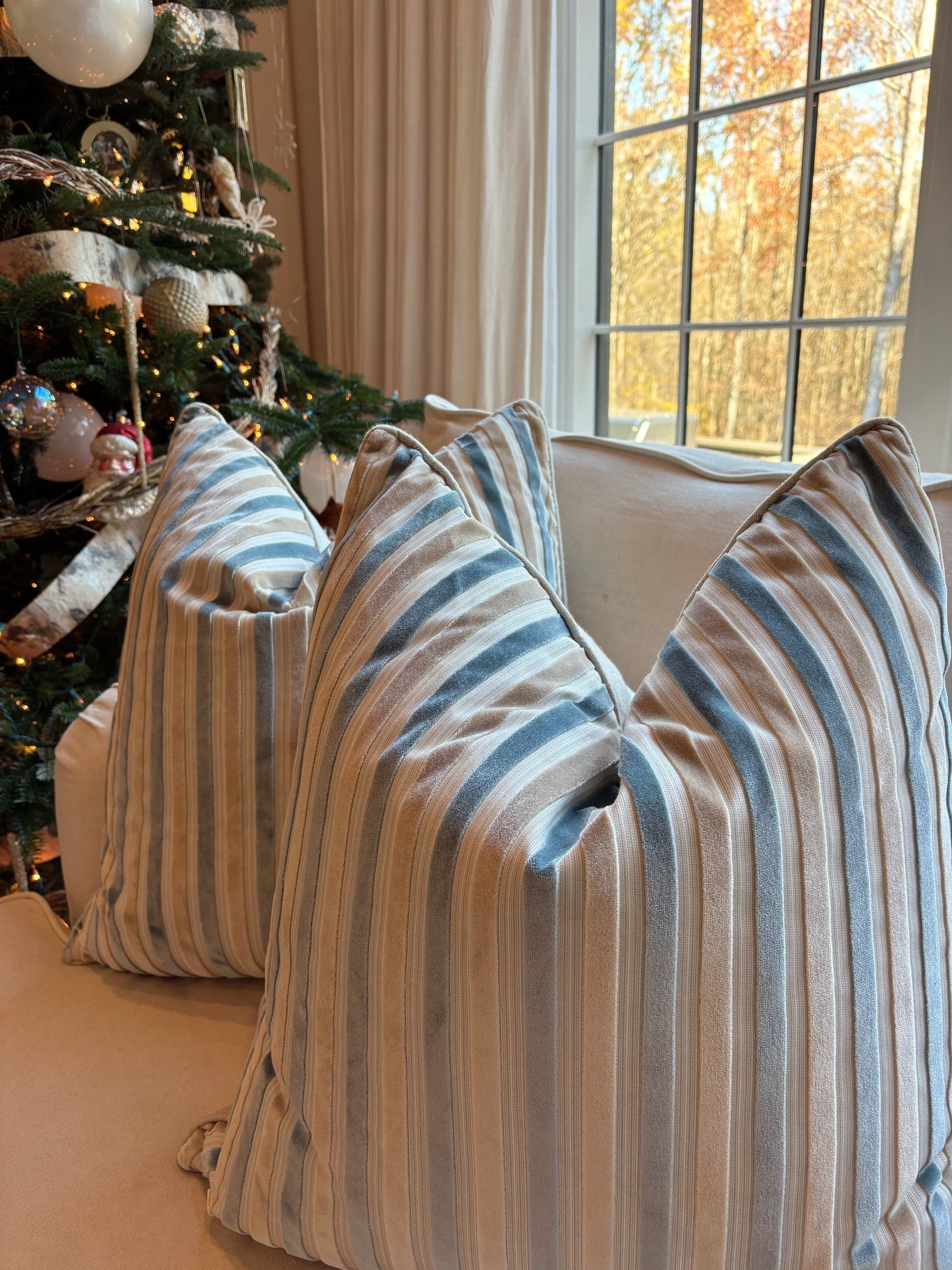 22" Tan and Blue Striped Throw Pillow